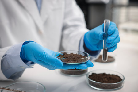 Scientist holding Petri dish with soil sample and test tube at white table in laboratory, closeupの写真素材