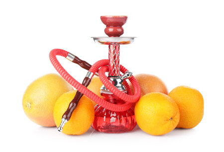Red traditional hookah, grapefruits and oranges isolated on white