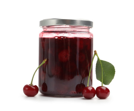 Tasty cherry jam and fresh fruits isolated on whiteの写真素材