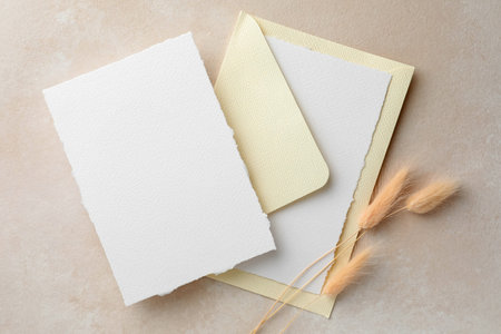 Wedding invitation cards, envelope and spikelets on color textured table, flat lay