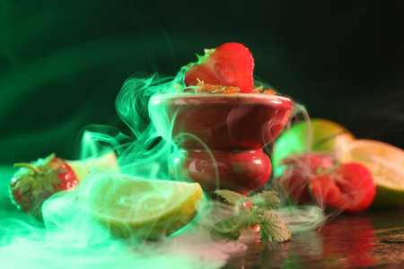 Hookah bowl with limes, strawberries, mint and smoke on black table, closeupの写真素材