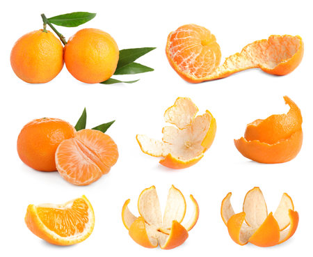 Tangerine fruits and leaves on white background, setの写真素材