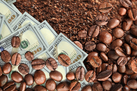 Coffee price rising. Dollars, roasted coffee beans and groundsの写真素材