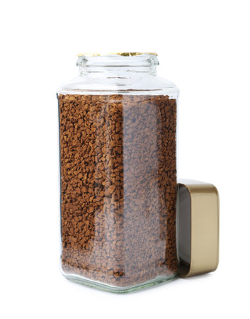 Instant coffee in glass jar isolated on whiteの写真素材
