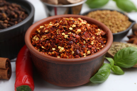 Different aromatic spices on white table, closeupの写真素材