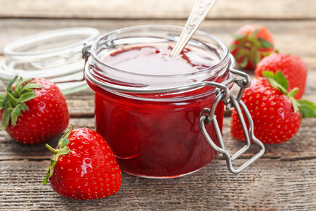 Tasty strawberry jam in glass jar and fresh berries on wooden table, closeupの写真素材