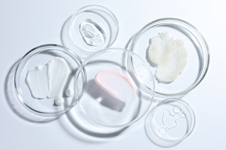 Different cosmetic products in Petri dishes on white background, flat layの写真素材