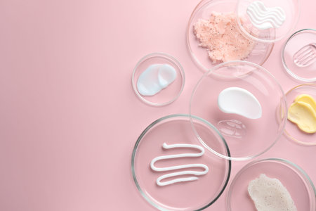 Different cosmetic products in Petri dishes on pink background, flat lay. Space for text