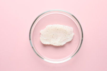 Cosmetic product in Petri dish on pink background, top viewの写真素材