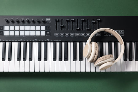 MIDI keyboard and headphones on green background, top viewの写真素材