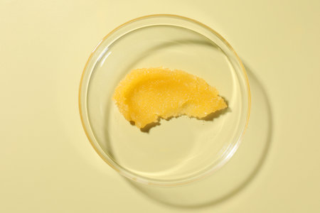 Cosmetic product in Petri dish on pale yellow background, top viewの写真素材