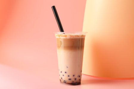 Tasty milk bubble tea in plastic cup on pink backgroundの写真素材