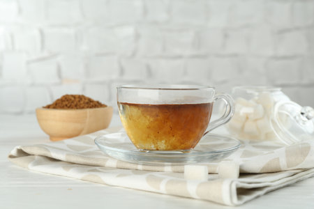 Aromatic instant coffee on light table, closeupの写真素材