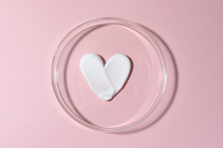 Cosmetic product in Petri dish on pink background, top viewの写真素材