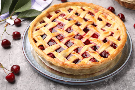 Tasty cherry pie and berries on gray textured table, closeup