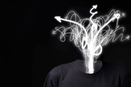 Confused thoughts. Man with doodles instead of his head on black background. Stress, anxiety,...