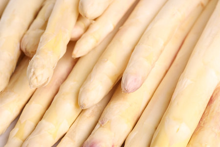 Raw white asparagus spears as background, closeupの写真素材