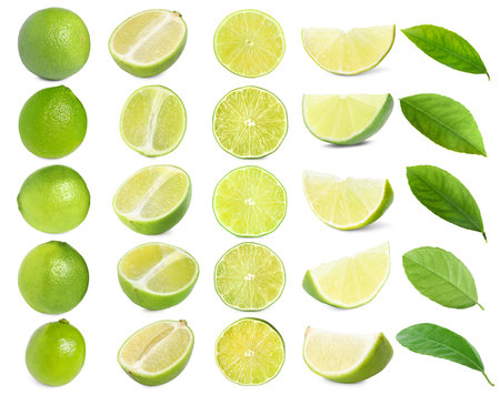 Fresh lime fruits and green leaves isolated on white, setの写真素材