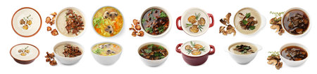 Delicious mushroom soups on white background, collage. Top and side viewの写真素材