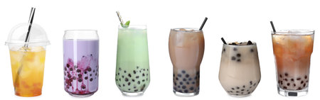 Bubble tea of different flavors on white background, setの写真素材