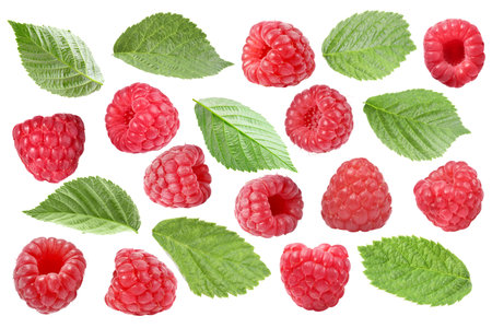 Fresh raspberries and green leaves on white background, collage