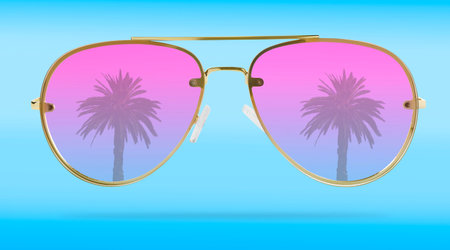 Bright sunglasses with reflection of palm on lenses against blue gradient background