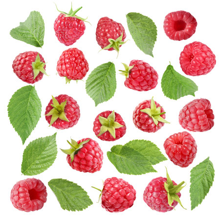 Fresh raspberries and green leaves on white background, collage