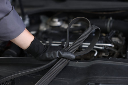 Auto part. Professional mechanic with timing belt near open hood of car indoors, closeup