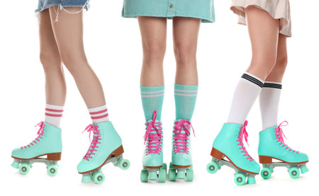Women in retro roller skates on white background, closeup. Collage