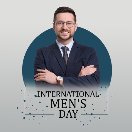 International Men's Day card with happy man on grey gradient backgroundの写真素材