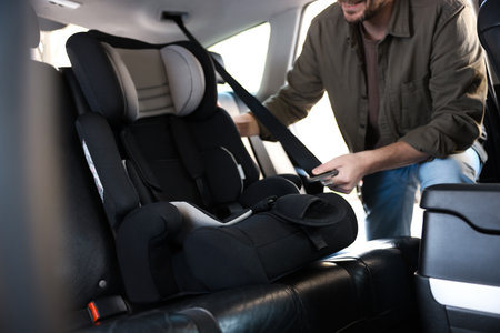 Happy man with child safety seat inside car, closeupの写真素材