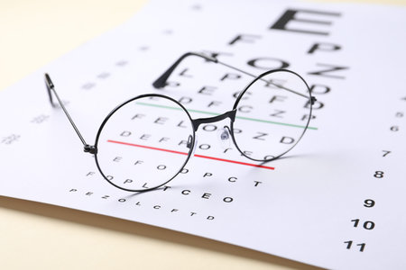 Vision test chart and glasses on beige background, closeup