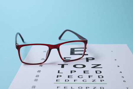 Glasses and vision test chart on light blue background, closeup