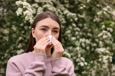 Woman with paper tissue suffering from seasonal pollen allergy near blossoming shrub on spring day, space for textの写真素材
