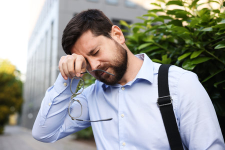 Tired businessman with glasses outside office buildingの写真素材