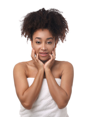 Portrait of beautiful Brazilian woman after spa treatment on white backgroundの写真素材
