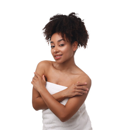 Portrait of beautiful Brazilian woman after spa treatment on white backgroundの写真素材