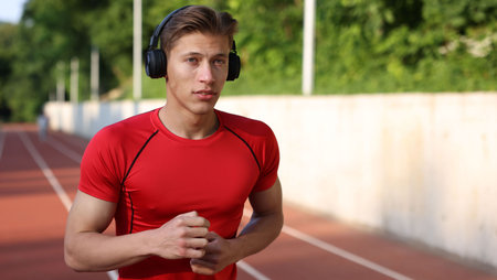 Sporty man with headphones running at stadium, space for textの写真素材