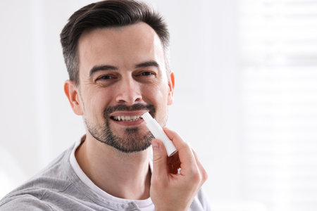 Smiling man applying lip balm onto his lips on blurred light backgroundの写真素材