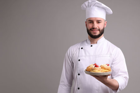 Happy confectioner in uniform holding delicious profiteroles with strawberries on light grey backgroundの写真素材