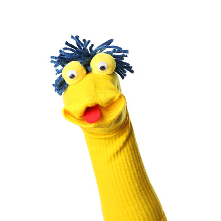 Funny sock puppet with hair isolated on whiteの写真素材