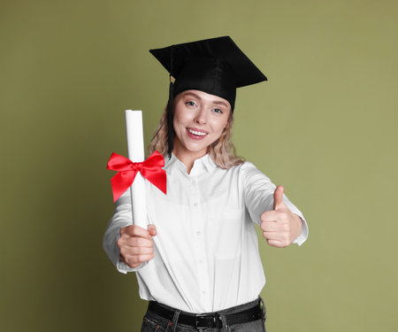 Happy student with diploma showing thumbs up after graduation on green backgroundの写真素材