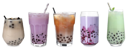 Bubble tea of different flavors on white background, setの写真素材