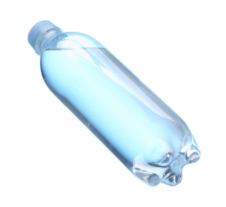 Plastic bottle with clean water in air on white backgroundの写真素材