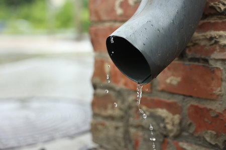 Water dripping from drain pipe outdoors, closeup. Space for textの写真素材