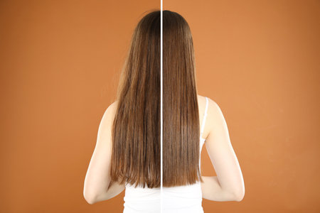 Hair combing, straightening. Woman showing hairstyle before and after different procedures on brown background, back view. Photo divided in halvesの写真素材