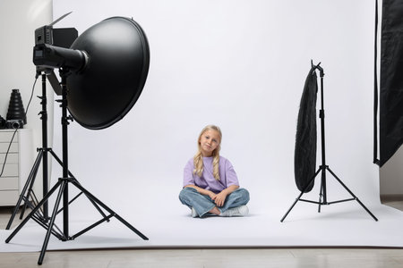Little girl on white background in photo studio with professional equipment