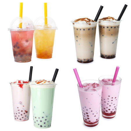 Bubble tea of different flavors on white background, setの写真素材