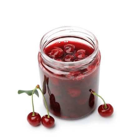 Tasty cherry jam and fresh fruits isolated on whiteの写真素材