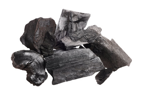 Pieces of black coals isolated on white, top viewの写真素材